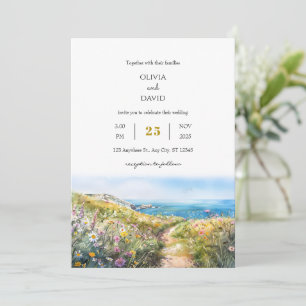 Watercolor Blue Coastal Meadow Art Beach Wedding  Invitation