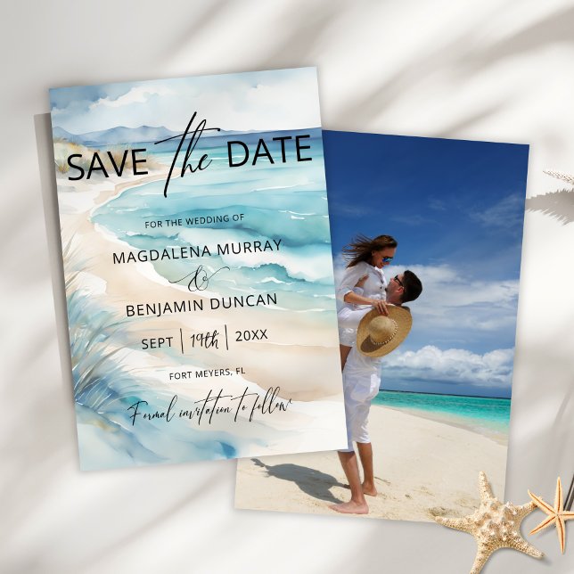 Watercolor Blue Coastal Seascape Wedding Photo Save The Date (Creator Uploaded)