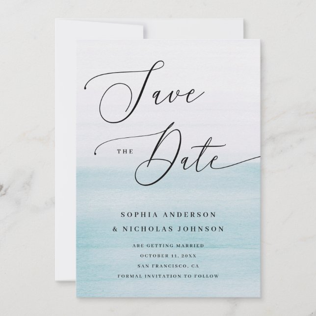 Watercolor Blue Coastal Wedding | Romantic Beach Save The Date (Front)
