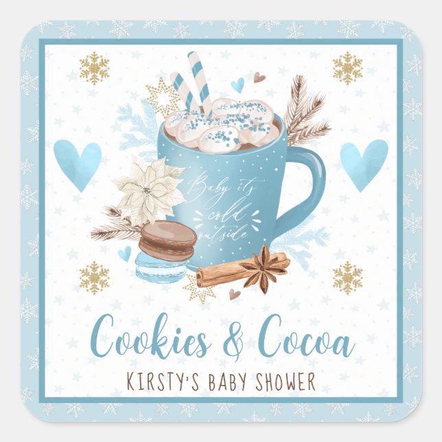 Watercolor Blue Cookies and Cocoa Baby Shower Square Sticker (Front)