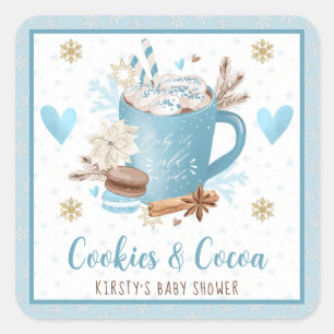 Watercolor Blue Cookies and Cocoa Baby Shower Square Sticker