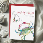 Watercolor Blue Crab Beach Christmas Card<br><div class="desc">Celebrate Christmas in July 2025 with this tropical watercolor holiday card featuring a charming blue crab design—perfect for coastal Christmas vibes! Set on a crisp white background, this beach Christmas card showcases original sea life artwork and the playful phrase "Seas and Greetings" in modern brush script. Personalise your message to...</div>