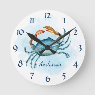 Watercolor Blue Crab Beach Coastal Personalised Round Clock