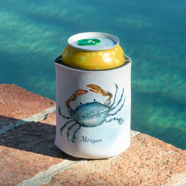 Watercolor Blue Crab Beach Personalised Can Cooler (In Situ Pool)