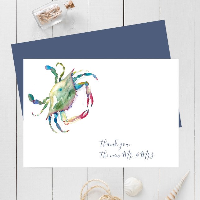 Watercolor Blue Crab Beach Thank You Cards (Crab note cards watercolor blue crab art by Victoria Grigaliunas of Do Tell A Belle)