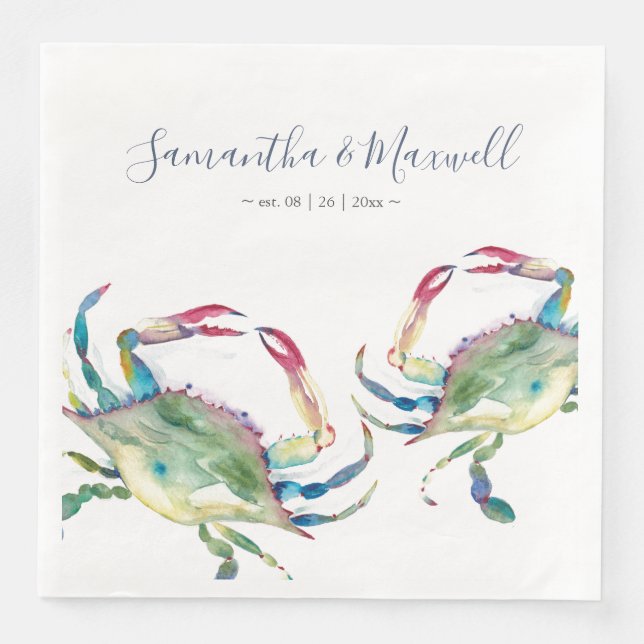 Watercolor Blue Crab Beach Wedding Personalised Na Napkin (Front)