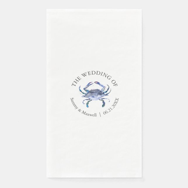 Watercolor Blue Crab Beach Wedding Personalised Napkin (Front)