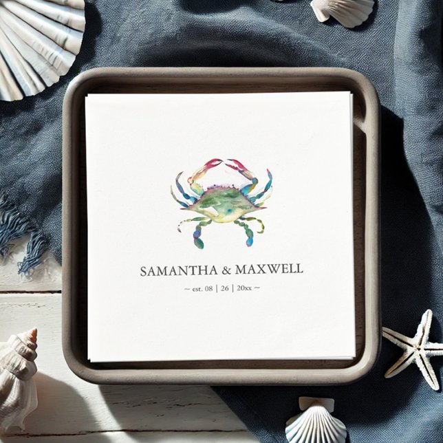 Watercolor Blue Crab Beach Wedding Personalised Napkin (beach wedding personalized napkins feature watercolor blue crab art by Victoria Grigaliunas)