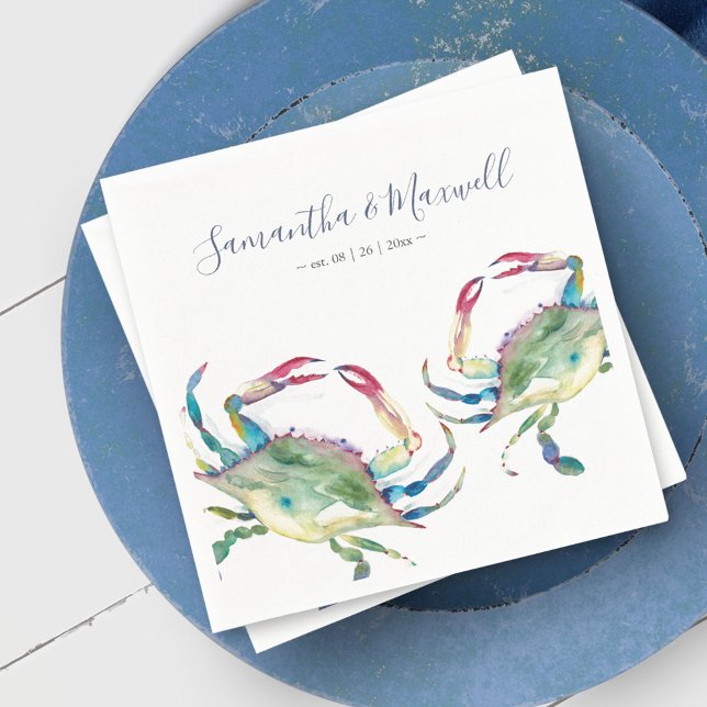 Watercolor Blue Crab Beach Wedding Personalized Na Napkin (Custom Napkins Watercolor Blue Crab Beach Wedding Personalized art by Victoria Grigaliunas)