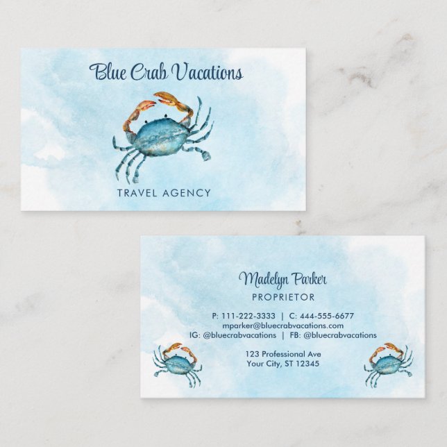 Watercolor Blue Crab Coastal Professional Business Card (Front/Back)