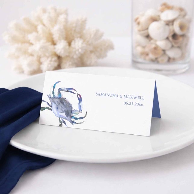 Watercolor Blue Crab Coastal Wedding Place Card (Crab place cards in shades of blue watercolor art by Victoria Grigaliunas Do Tell A Belle)