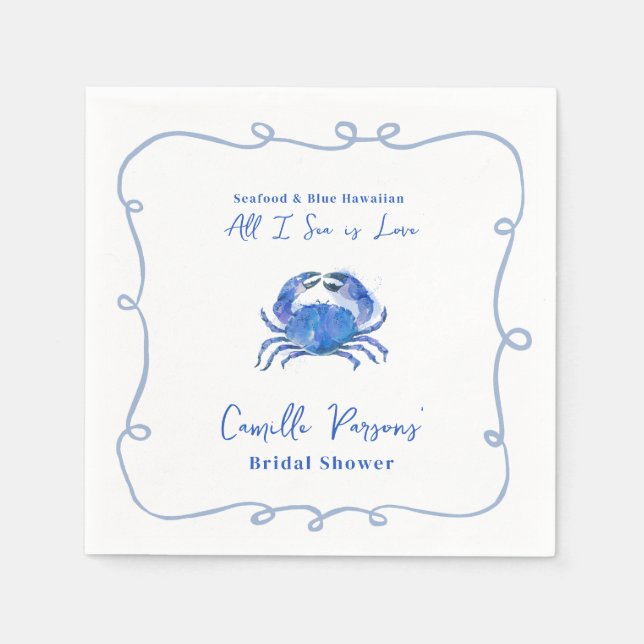 Watercolor Blue Crab Doodle Frame Bridal Shower Napkin (Front)