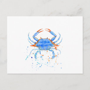 Watercolor blue crab paint splatter postcard