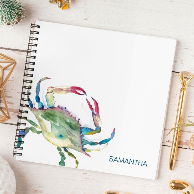 Watercolor Blue Crab Personalised Journalling Notebook (Personalized notebooks watercolor blue crab art by Victoria Grigaliunas Do Tell A Belle)