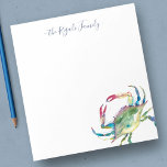 Watercolor Blue Crab Personalised Stationery Notepad<br><div class="desc">Elegant and coastal,  this personalised stationery features your family name or monogram in a hand lettered script typography with my blue crab original watercolor art. Perfect for weddings or your summer notes. To see more office home living designs and crab gifts like this visit www.zazzle.com/dotellabelle</div>