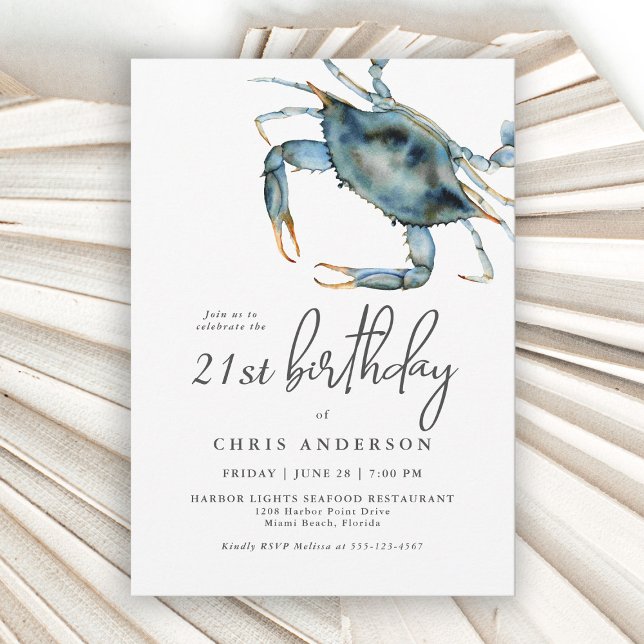 Watercolor Blue Crab Seafood 21st Birthday Invitation (Creator Uploaded)