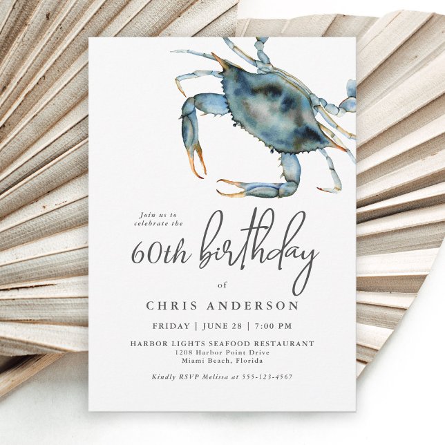 Watercolor Blue Crab Seafood 60th Birthday Invitation (Creator Uploaded)