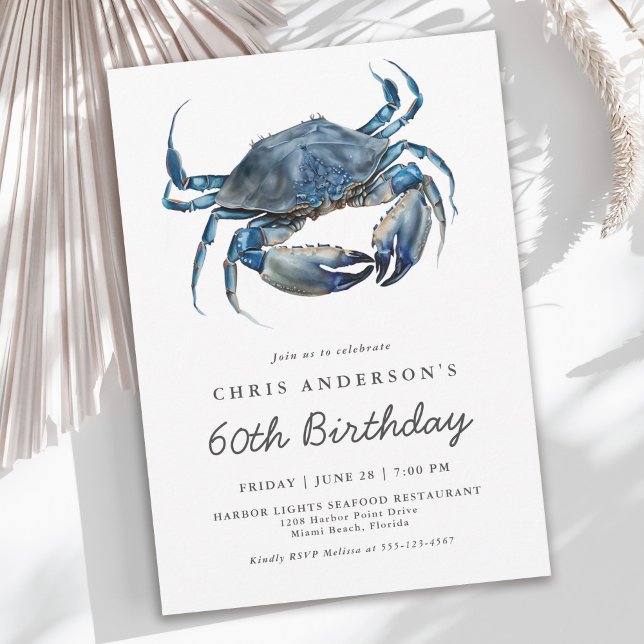 Watercolor Blue Crab Seafood 60th Birthday Invitation (Available in both printed and instant download digital formats.)