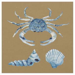 Watercolor Blue Crab Shells Contemporary Modern Fabric