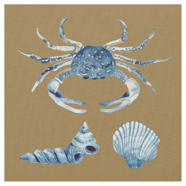 Watercolor Blue Crab Shells Contemporary Modern Fabric (Close Up)