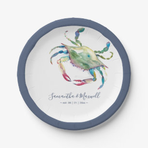 Watercolor Blue Crab Small Beach Wedding  Paper Plate