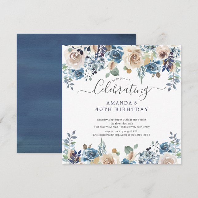 Watercolor Blue & Cream Floral Birthday Party Invi Invitation (Front/Back)