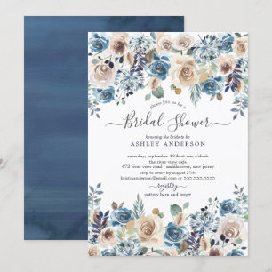 Watercolor Blue & Cream Floral Bridal Shower Invitation