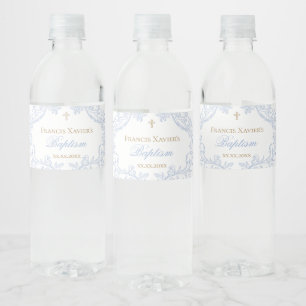 watercolor blue crest baby boy Baptism Water Bottle Label