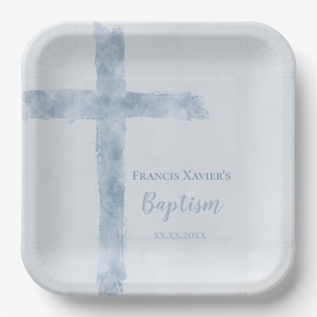 watercolor blue cross Baptism  Paper Plate (Front)