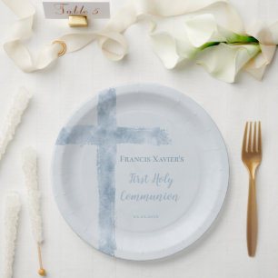 watercolor blue cross  First Communion  Paper Plate