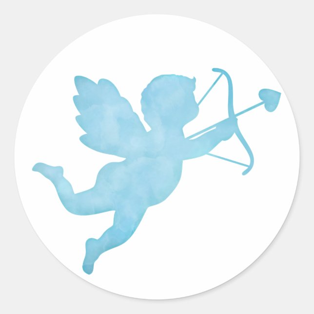 Watercolor Blue Cupid Silhouette Classic Round Sticker (Front)