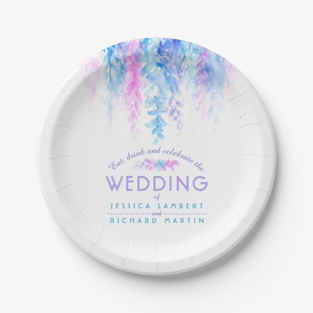 Watercolor blue custom wedding plates (Front)