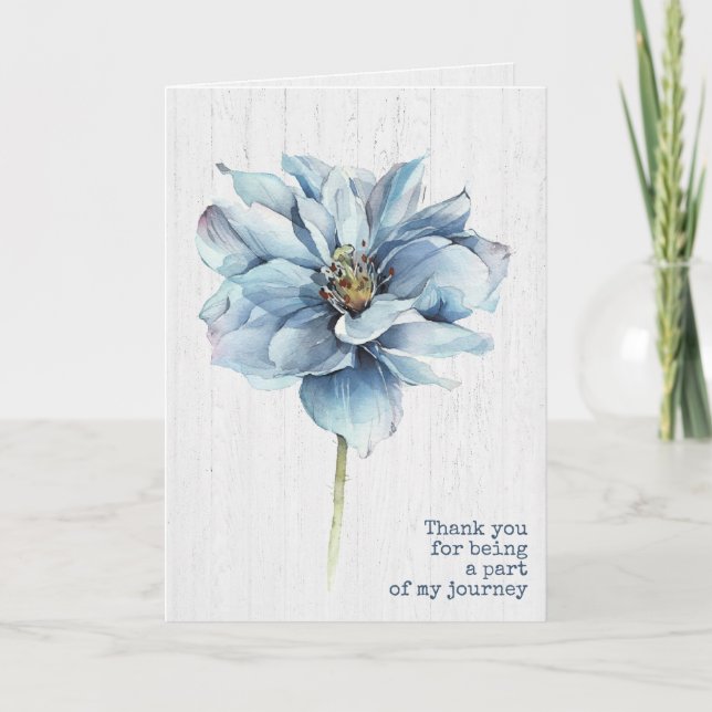 Watercolor Blue Dahlia on Wood Thank You Card (Front)