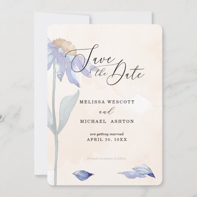 Watercolor Blue Daisy Wedding Soft Peach Save The Date (Front)