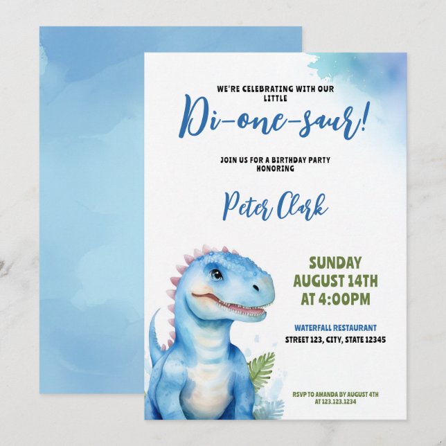 Watercolor Blue Dinosaur Baby Boy 1st Birthday Invitation (Front/Back)