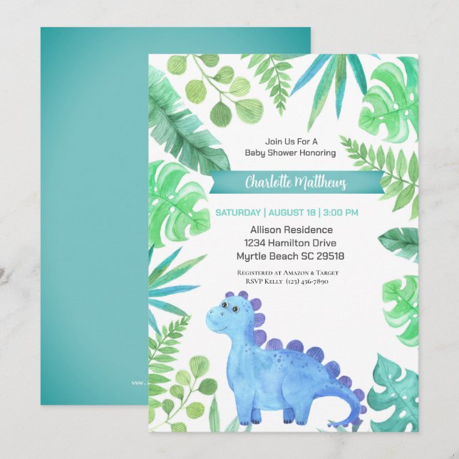 Watercolor Blue Dinosaur Boys Baby Shower  Invitation (Front/Back)