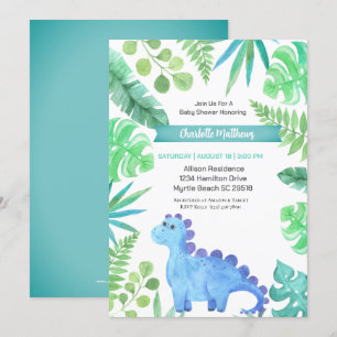 Watercolor Blue Dinosaur Boys Baby Shower  Invitation