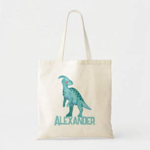 Watercolor Blue Dinosaur with Kids Name Tote Bag