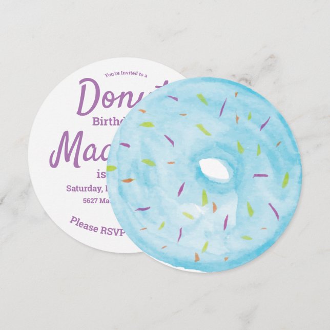 Watercolor Blue Doughnut Sprinkle Mix Round Invitation (Front/Back)