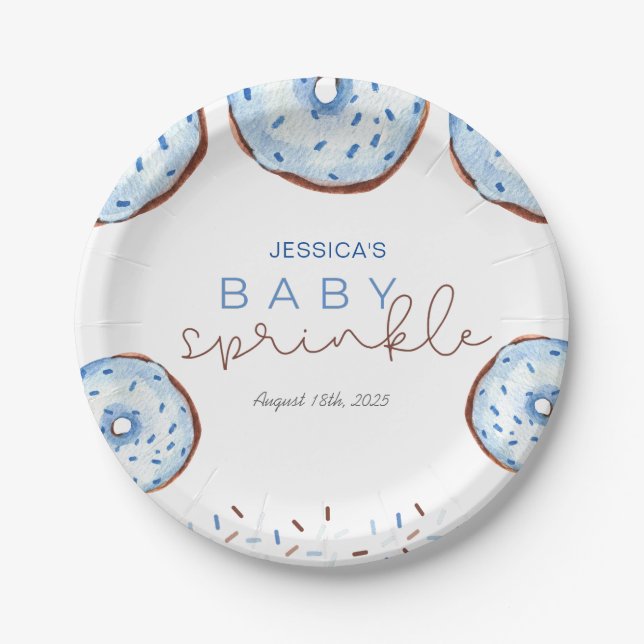 Watercolor  blue Doughnuts Baby Sprinkle Shower  Paper Plate (Front)