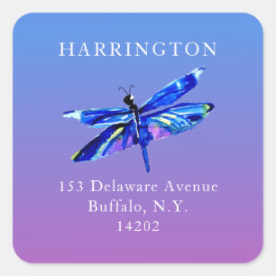 Watercolor Blue Dragonfly Elegant Return Address Square Sticker