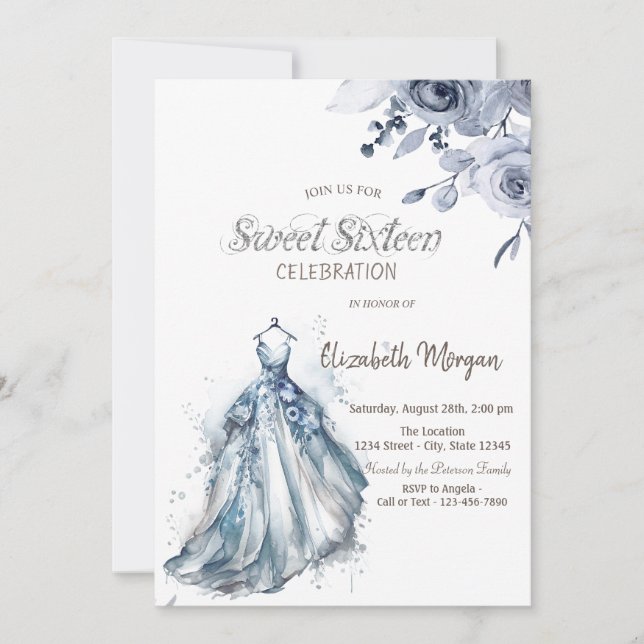 Watercolor Blue Dress Blue Roses Sweet 16 Invitation (Front)