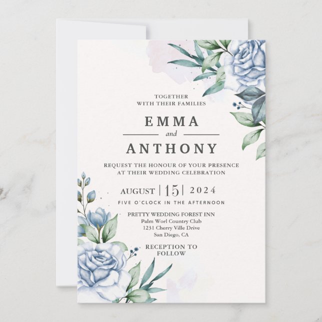 Watercolor Blue Elegant Floral Wedding Invitation (Front)