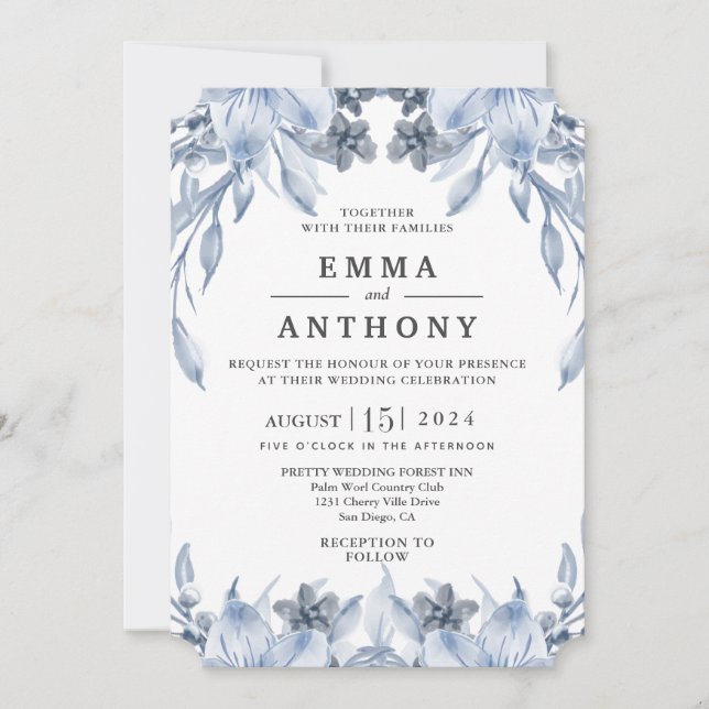 Watercolor Blue Elegant Floral Wedding Invitation (Front)