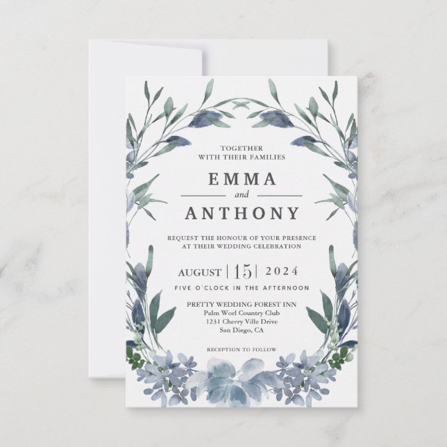Watercolor Blue Elegant Floral Wedding Invitation (Front)