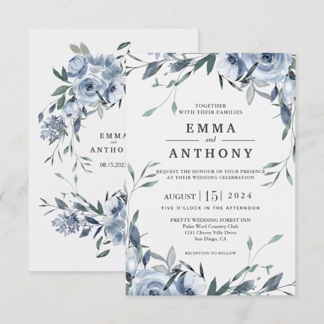 Watercolor Blue Elegant Floral Wedding Invitation (Front/Back)