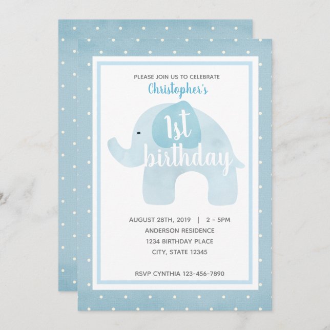 Watercolor Blue Elephant 1st Birthday Boy Invitation (Front/Back)