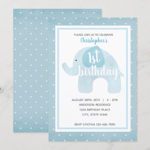 Watercolor Blue Elephant 1st Birthday Boy Invitation