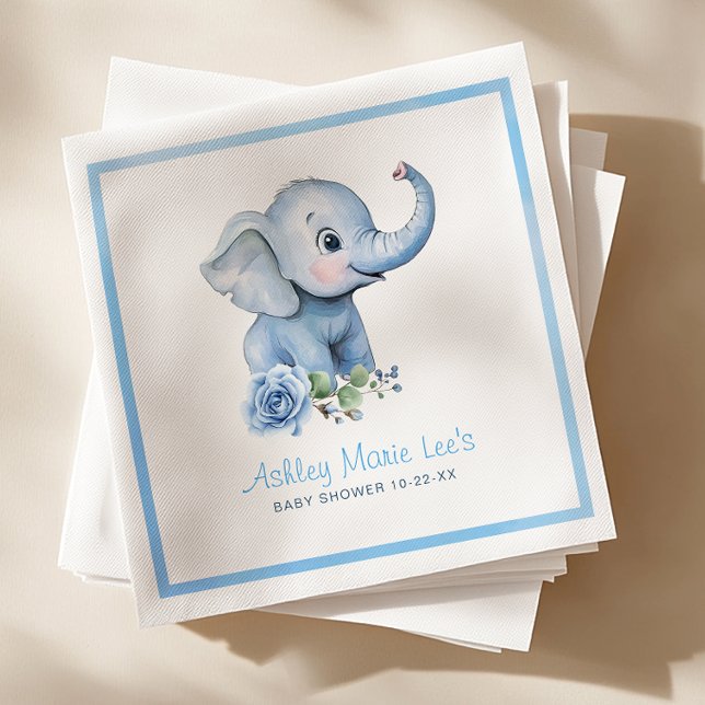 Watercolor Blue Elephant Baby Shower Napkins – Cut (Elephant Baby Shower Napkin)