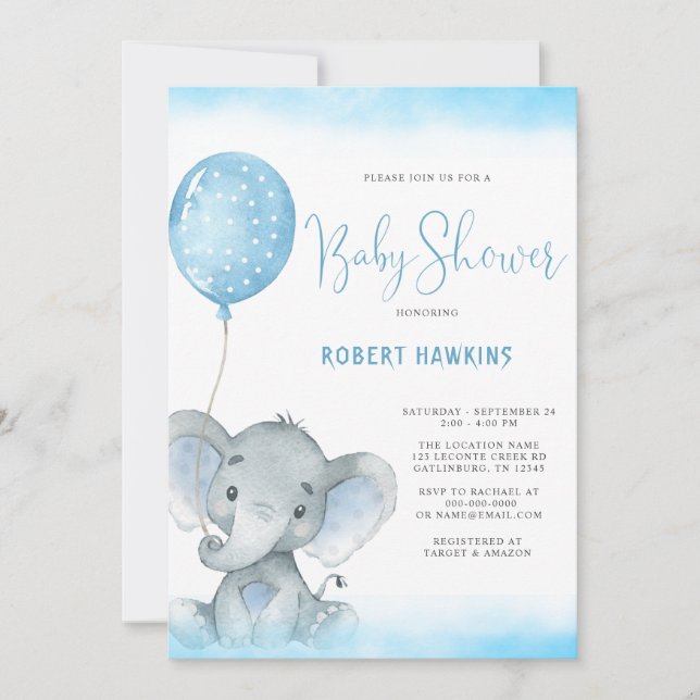 Watercolor Blue Elephant Boy Baby Shower Invitation (Front)